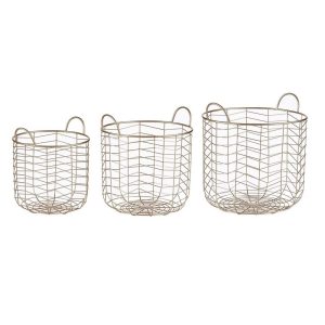Set de 3 cestos metálicos, diferente tamaño, 2 asas - Langreo. Dorado