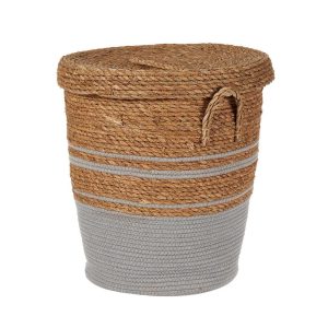 Cesto de alga cilíndrico alto con asas y tapa bicolor 2 tamaños Gris - Mexota