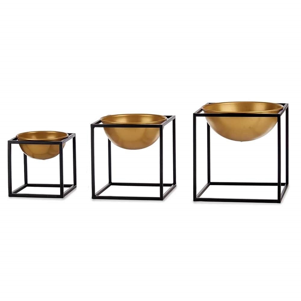 Conjunto de 3 cuencos metálicos dorados con soporte cubo negro - Tigela