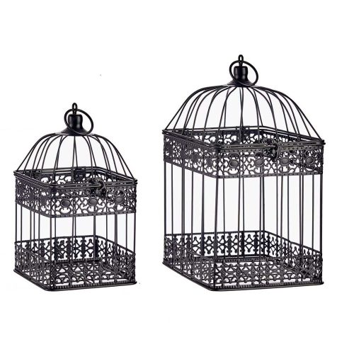Dúo de jaulas metálicas cuadradas diseño de orlas decorativas, negro- Riaza