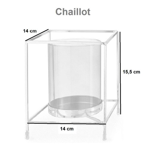 Medidas. Portavela cilíndrico de cristal con base y contorno cuadrado metálico - Chaillot 2.