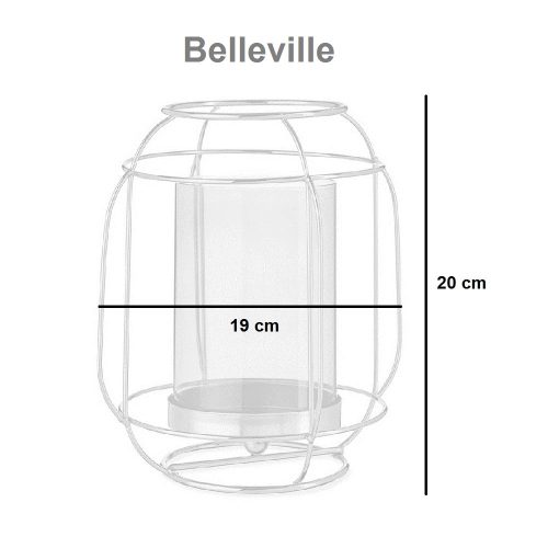 Medidas. Portavela cilíndrico de cristal con base y cubierta metálica tipo farol - Belleville.