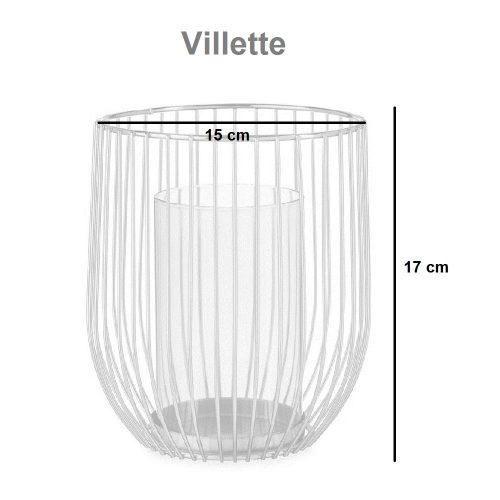 Medidas. Portavela cilíndrico de cristal con base y cubierta metálica tipo jaula - Villette.