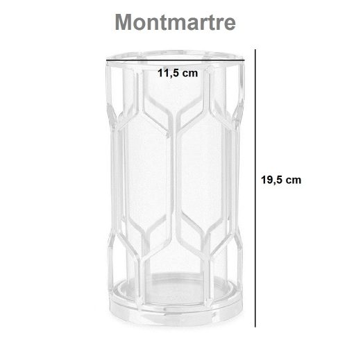 Medidas. Portavela cilíndrico de vidrio con base y detalle hexagonal en metal - Montmartre.