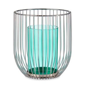 Portavela cilíndrico de cristal con base y cubierta metálica tipo jaula Azul - Villette