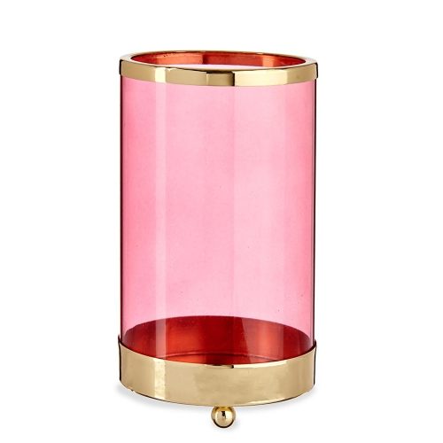Portavela cilíndrico de cristal rosa y metal con soportes esféricos - Sorbonne