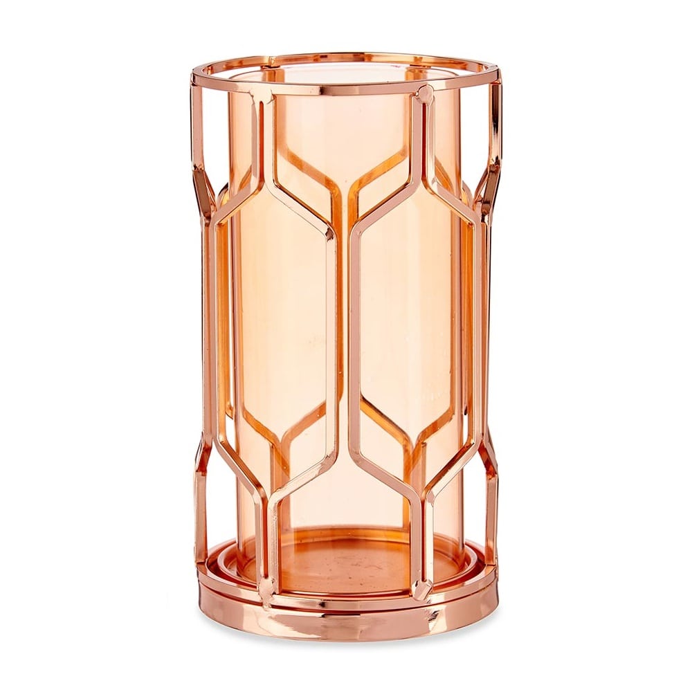 Portavela cilíndrico de vidrio con base y detalle hexagonal en metal - Montmartre Ámbar/cobre