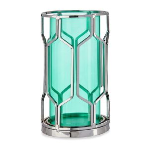 Portavela cilíndrico de vidrio con base y detalle hexagonal en metal Azul - Montmartre