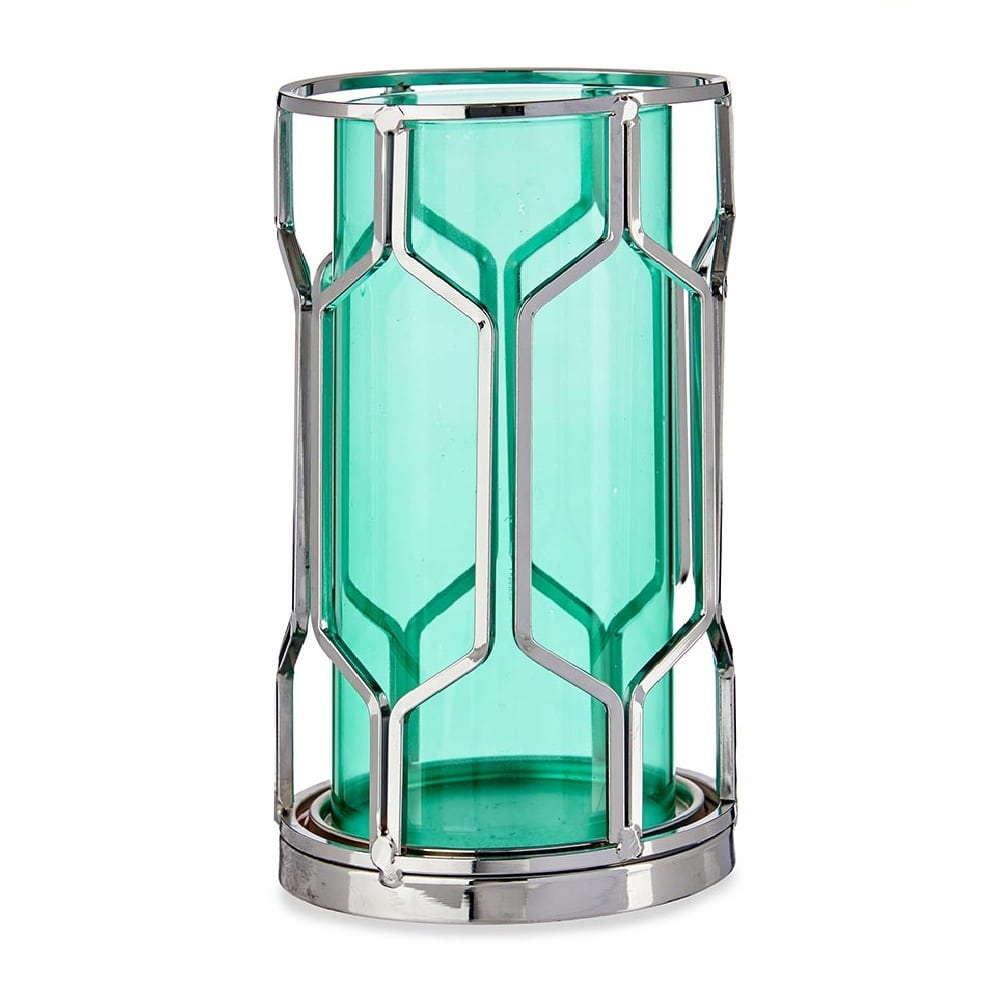 Portavela cilíndrico de vidrio con base y detalle hexagonal en metal - Montmartre Turquesa/plata