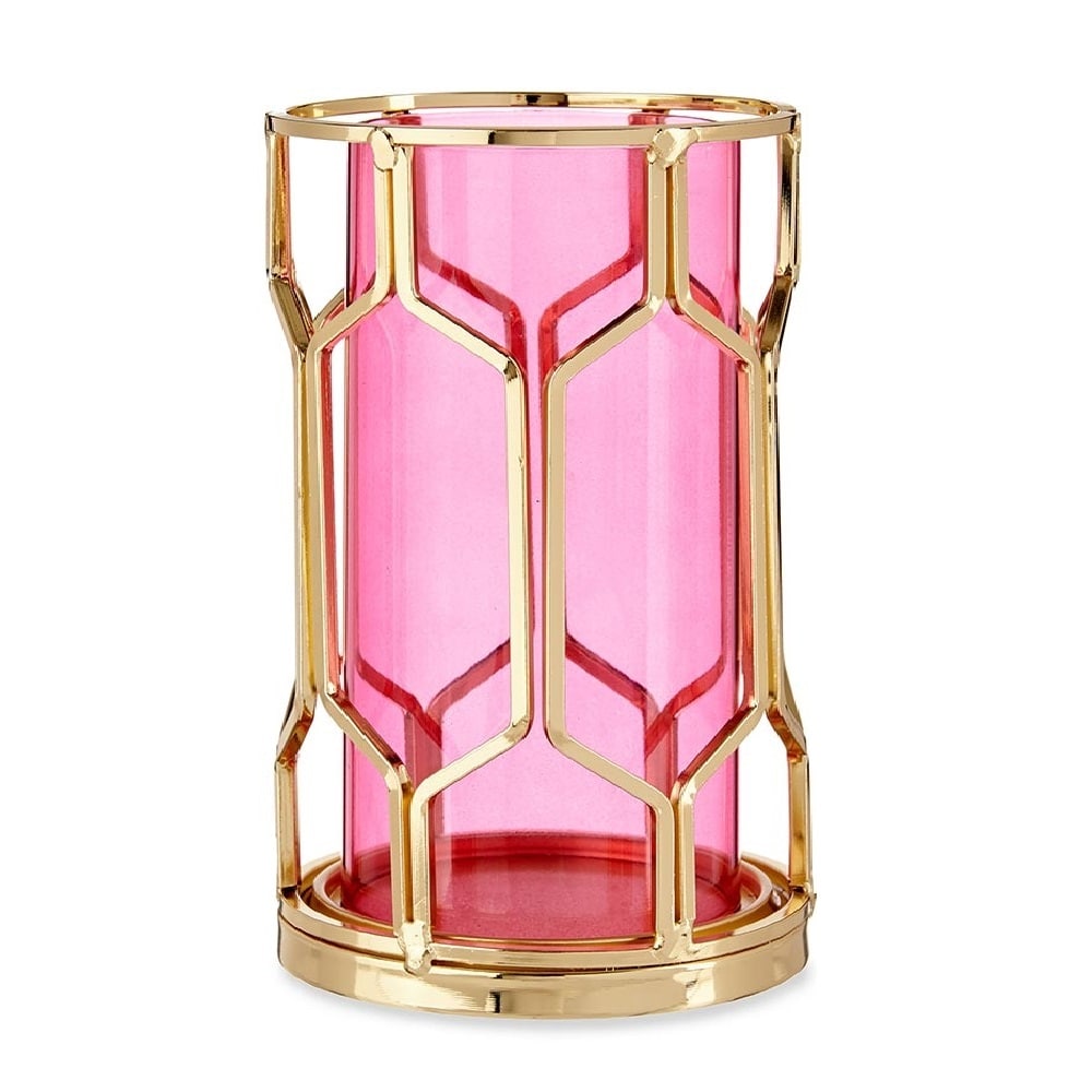 Portavela cilíndrico de vidrio con base y detalle hexagonal en metal - Montmartre Rosa/dorado