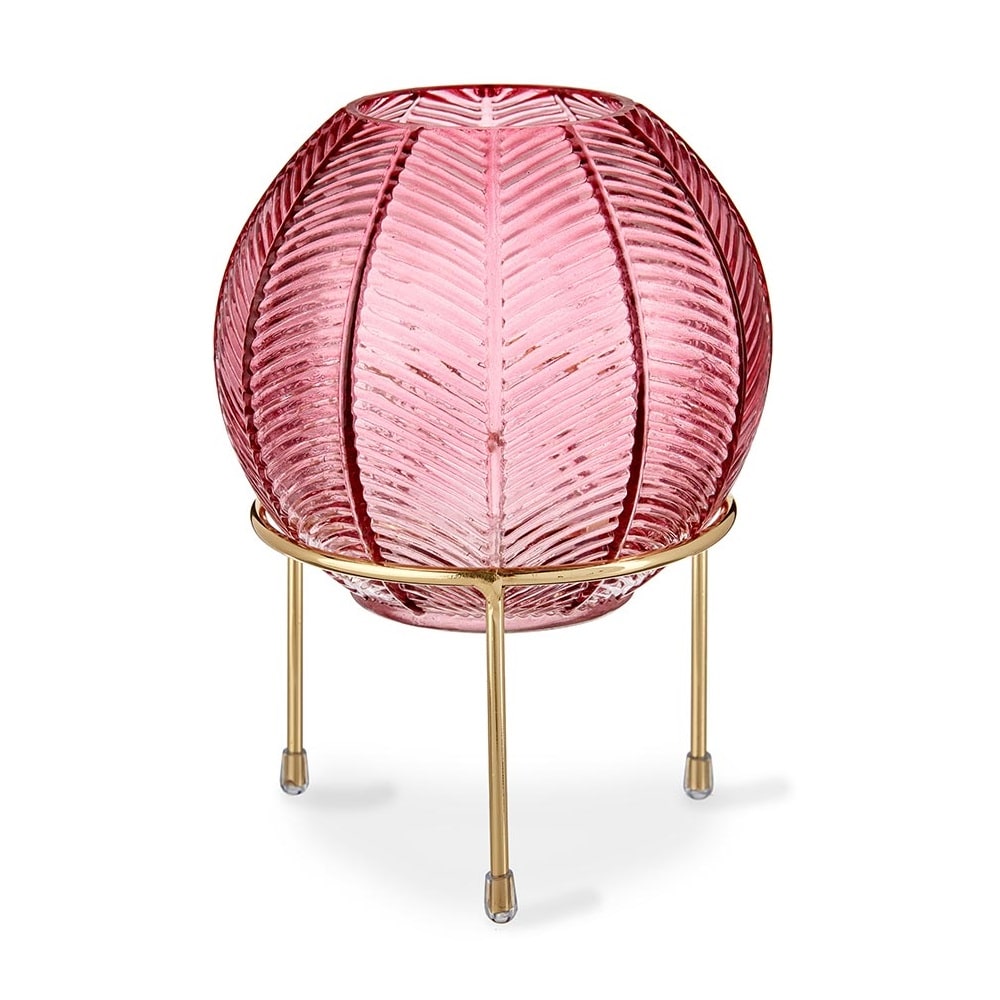 Portavelas esferico de cristal acanalado de color, soporte de 3 pies - Grenelle Rosa/dorado