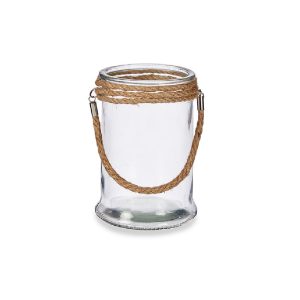 Portavela de cristal estilo vaso con borde y asa de cuerda. Grande - Soria
