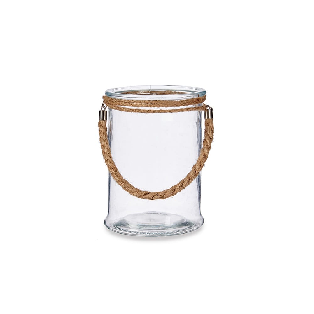 Portavela de cristal estilo vaso con borde y asa de cuerda - Soria 12,5 x 17 cm