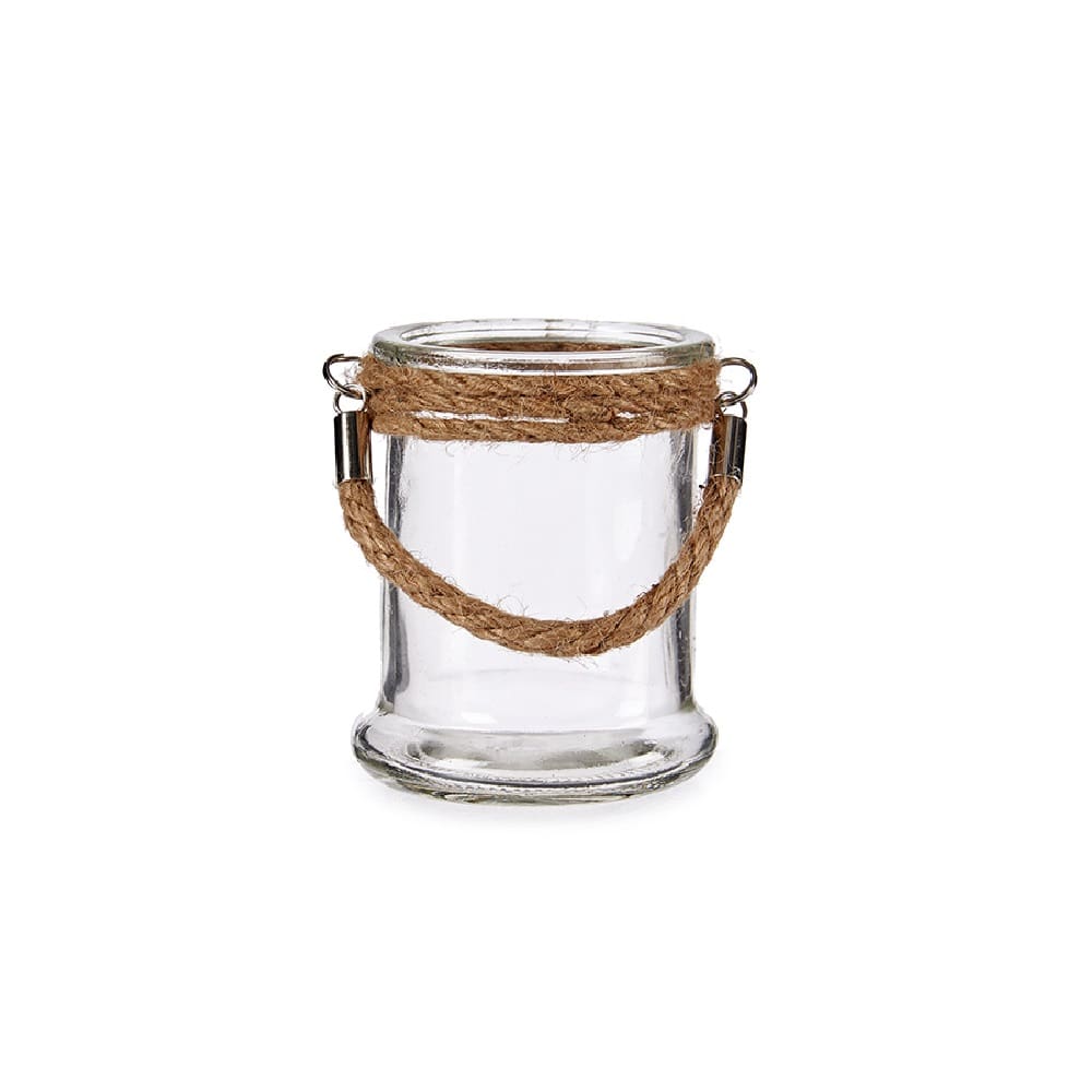 Portavela de cristal estilo vaso con borde y asa de cuerda - Soria 8,5 x 10 cm