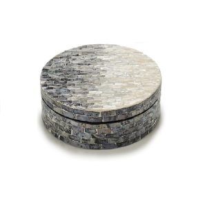 Caja circular decorativa de nácar y aglomerado, dos tonos, gris.. - Badalona