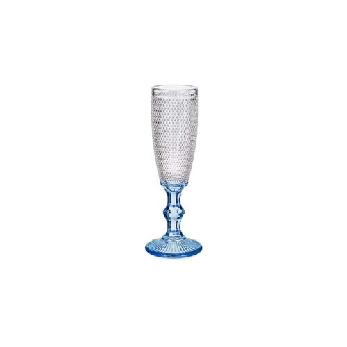 Copa de vidrio para champan, diseño puntos en relieve, pie de color azul-transp. - Graus