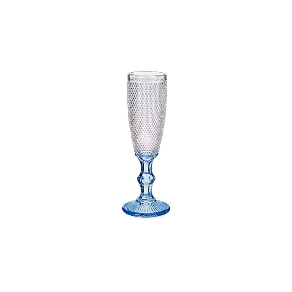 Copa de vidrio para champán, diseño puntos en relieve, pie de color - Graus Azul