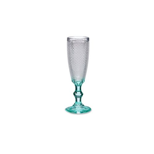 Copa de vidrio para champan, diseño puntos en relieve, pie de color turquesa-transp. - Graus