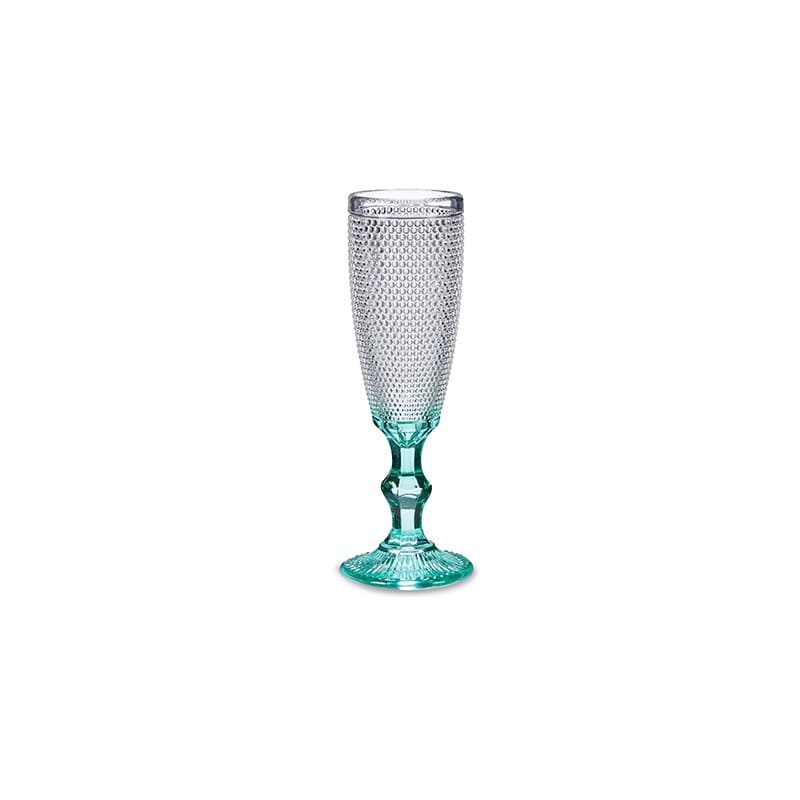 Copa de vidrio para champán, diseño puntos en relieve, pie de color - Graus Turquesa