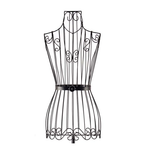 Detalle. Maniquí de metal, diseño vestido con cinturón, soporte 4 pies negro - Ablitas