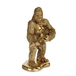 Gorila decorativo tocando guitarra electrica, parado sobre soporte, dorado. - Bwindi