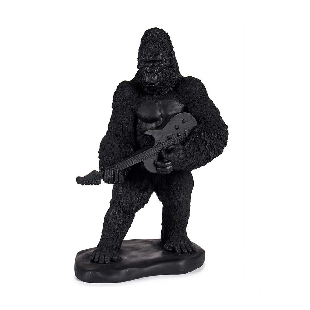 Gorila decorativo tocando guitarra electrica, parado sobre soporte, negro. - Bwindi