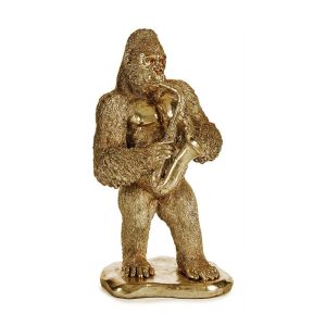Gorila decorativo tocando saxofón, parado sobre soporte, dorado - Bwindi