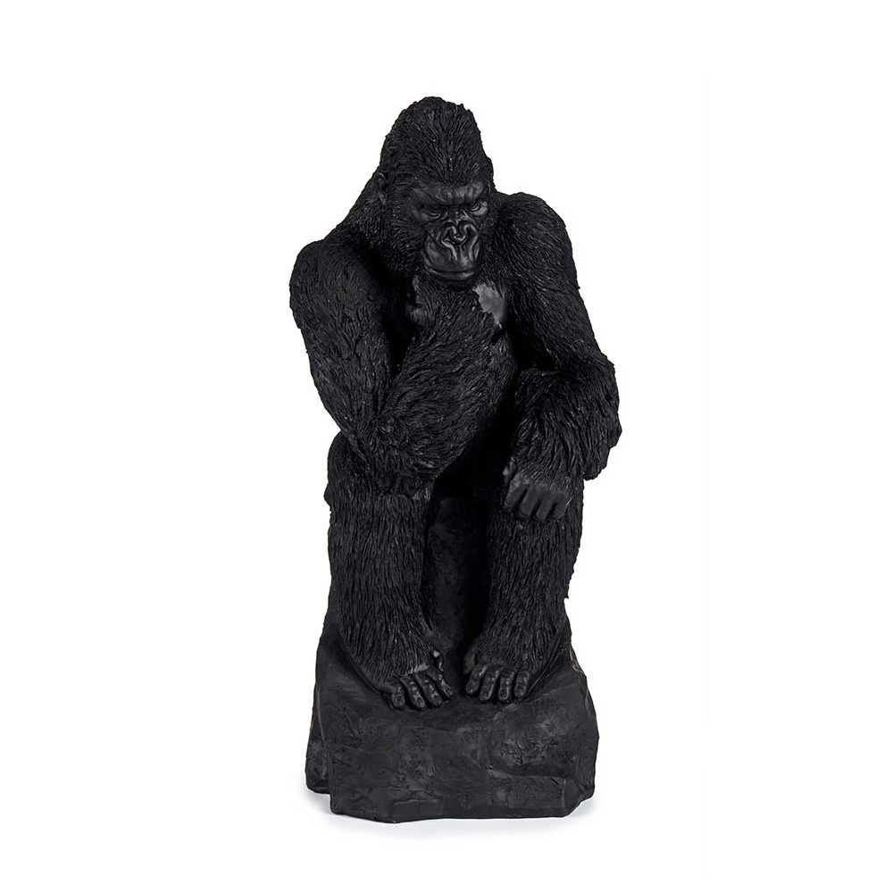 Gorila sentado en roca, pensando, cabeza apoyada en mano, resina negro – Bwindi