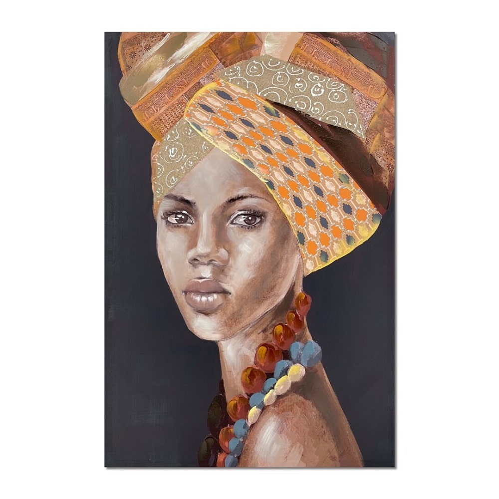 Lienzo retrato mujer africana, collar y turbante coloridos 80 x 120 - Harare
