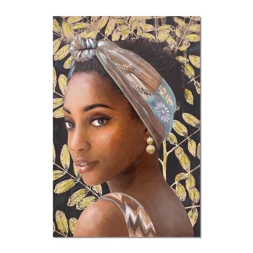 Lienzo retrato mujer africana, perfil de espalda, pañuelo y aretes. - Abuja