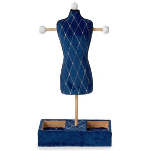 Maniquí portajoyas, madera y terciopelo sobre base rectangular azul - Abezames