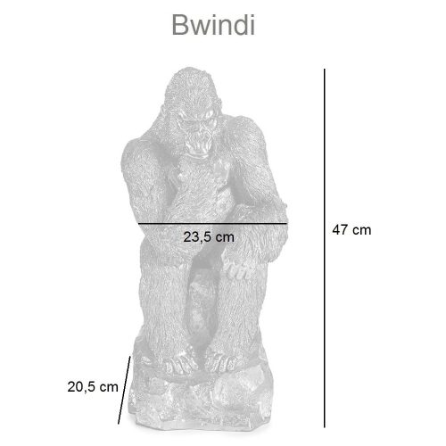 Medidas. Gorila sentado en roca, pensando, cabeza apoyada en mano, resina – Bwindi