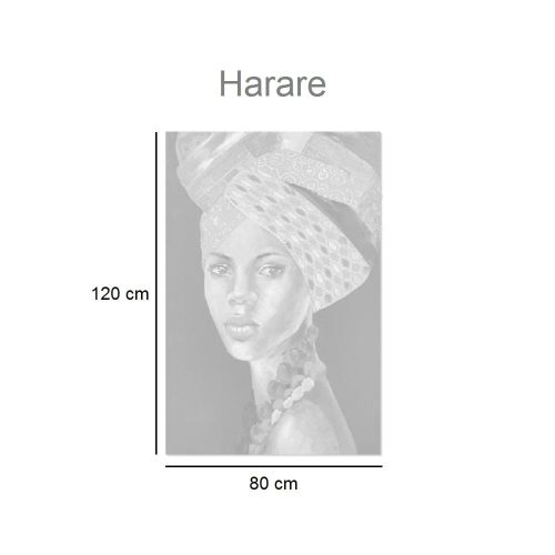 Medidas. Lienzo retrato mujer africana, collar y turbante colores cálidos. - Harare