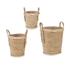 Set 3 cestas de paja, estilo rustico con pelos, forma circular - Barbolla
