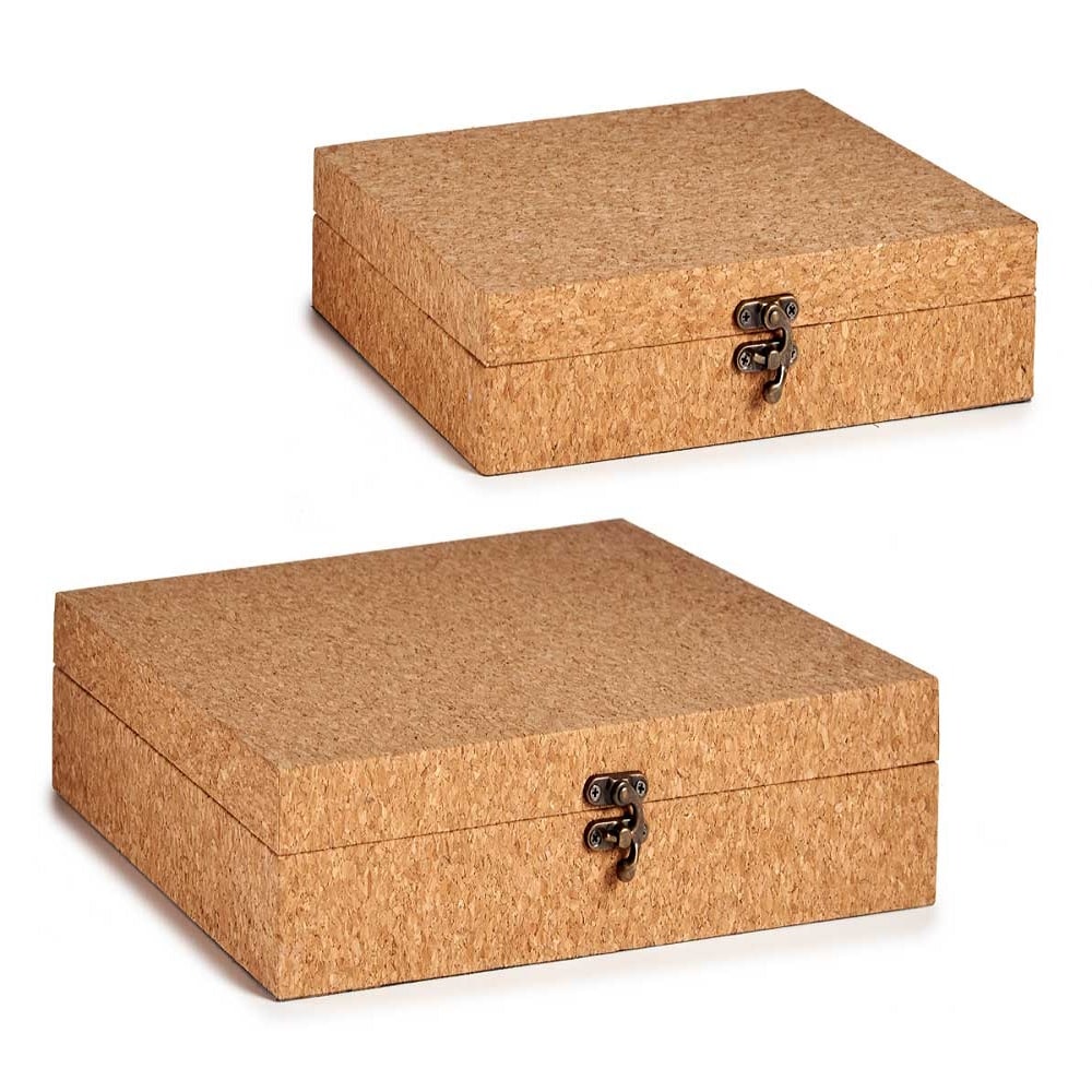 2 cajas tipo maletas de corcho y MDF, rectangular, varios diseños
