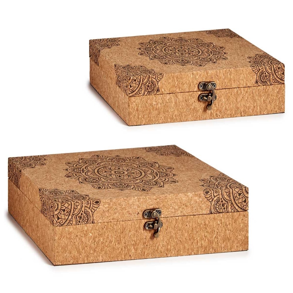 2 cajas tipo maletas de corcho y MDF, rectangular, varios diseños - Barjas Mándala