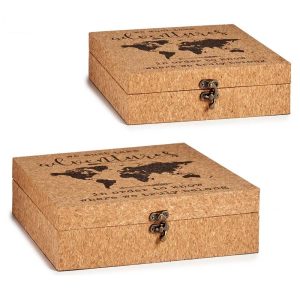 2 cajas tipo maleta de corcho y MDF, rectangular, varios diseños, mapamundi - Barjas