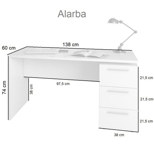 Medidas. Mesa escritorio, con cajonera de 3 compartimentos y soporte lateral - Alarba