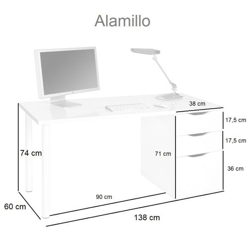 Medidas. Mesa escritorio, con cajonera reversible y patas cilíndricas metálicas - Alamillo