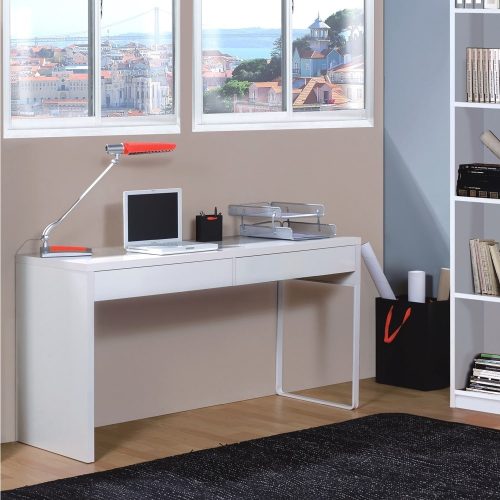 Mesa escritorio blanco, con pata reversible metálica y dos cajones. - Alaejos