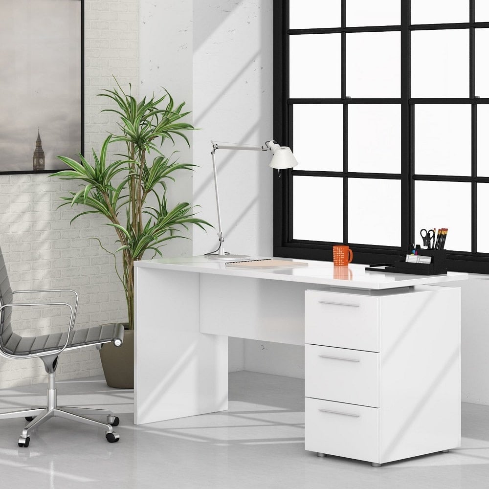 Mesa escritorio, con cajonera reversible y patas cilíndricas metálicas -  Alamillo - MEBLERO