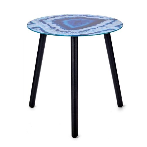 Mesa lateral redonda de cristal efecto marmol, patas de madera blanco-azul - Abarbuza