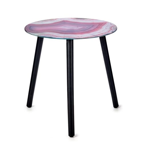 Mesa lateral redonda de cristal efecto marmol, patas de madera blanco-rosa - Abarbuza