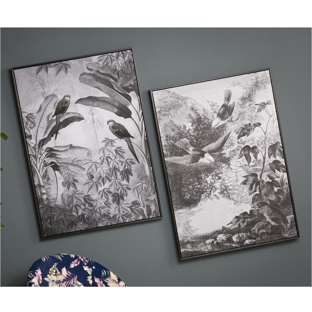Set 2 lienzos impresos, aves entre plantas, blanco negro, marco, 72 x 102 cm - Nestorinae