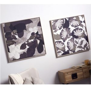 Set 2 lienzos impresos, flores abstractas, tonos grises, con marco - Arboleas