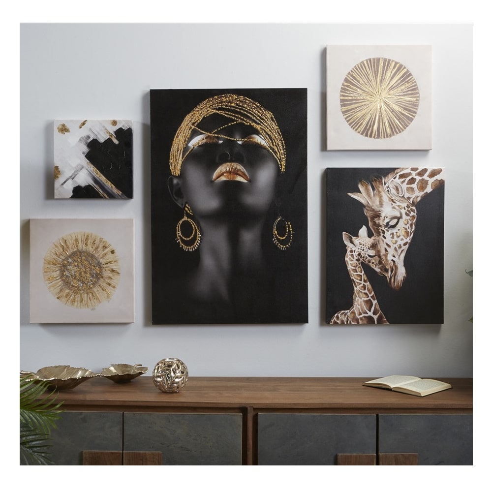 Set 5 lienzos impresos, estilo africano, 50% al óleo, negro, beige, oro - Conakry