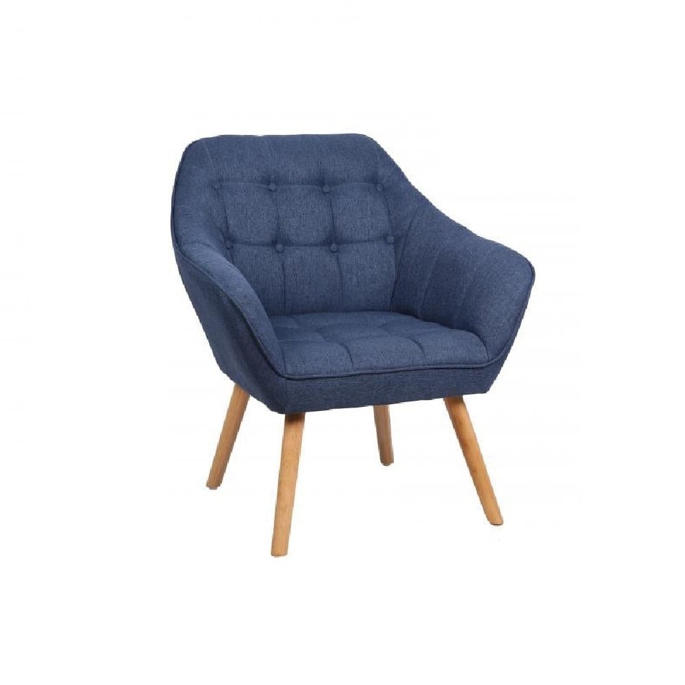 Sillón de tela denim, patas madera, botones en asiento y respaldo - Adradas Azul