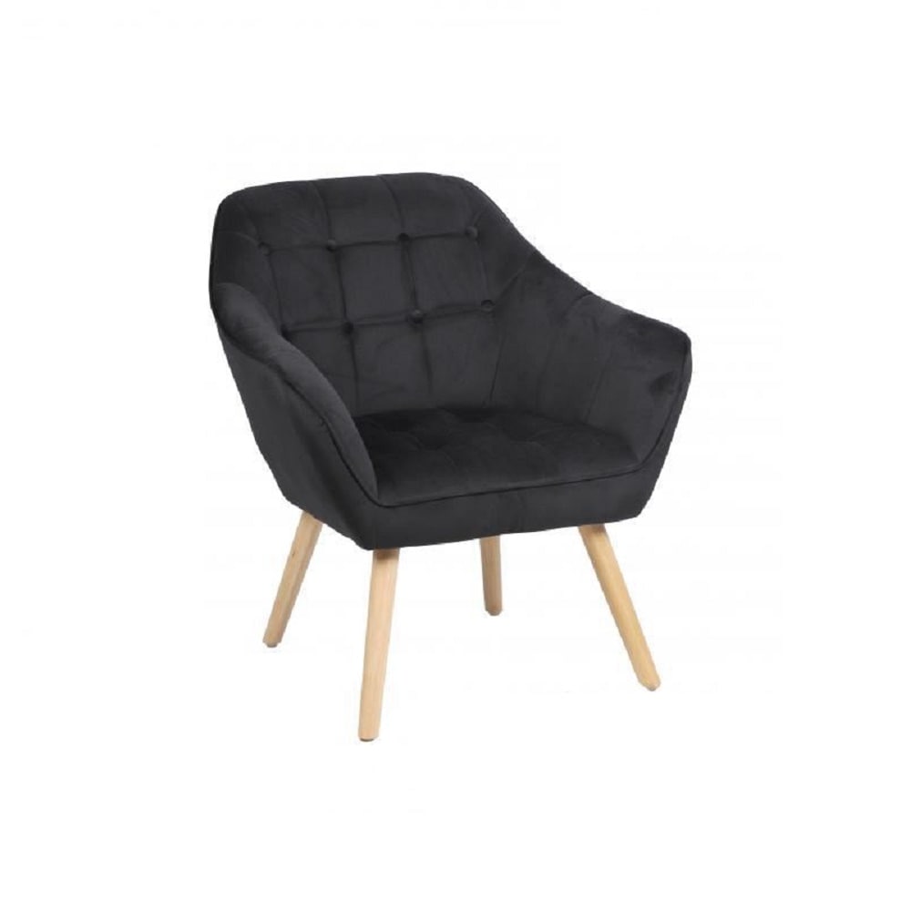 Sillón de terciopelo, patas madera, cuadros y botones en respaldo - Acered Negro