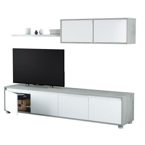 Juego salón mueble TV 4 puertas, módulo superior, estante de colgar, 200 cm, blanco-cemento - Alborea