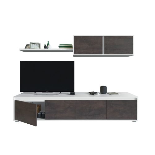 Juego salón mueble TV 4 puertas, módulo superior, estante de colgar, 200 cm, frontal, blanco-óxido - Alborea